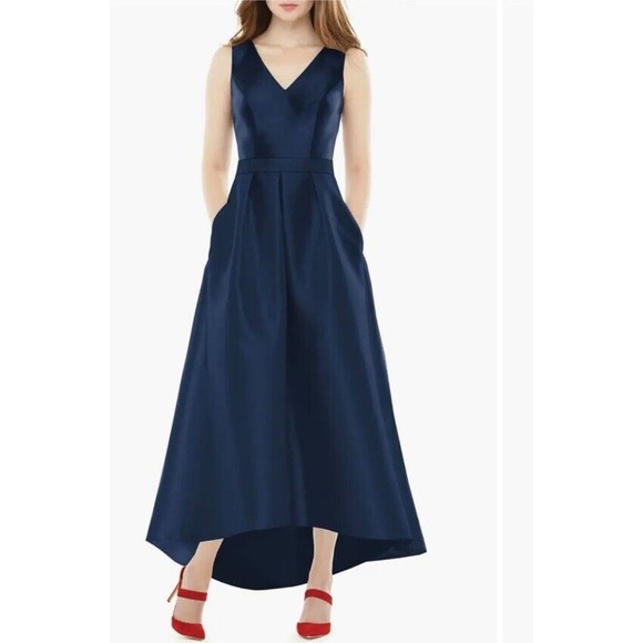 Alfred Sung Midnight Navy Sateen Twill High Low Cocktail Dress Gown New Size 10 - Picture 1 of 14